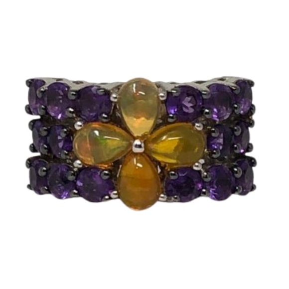 JTV Jewelry - Ethiopian Opal & Rhodolite Ring Rhodium Over Sterling Silver Band Size 5.75